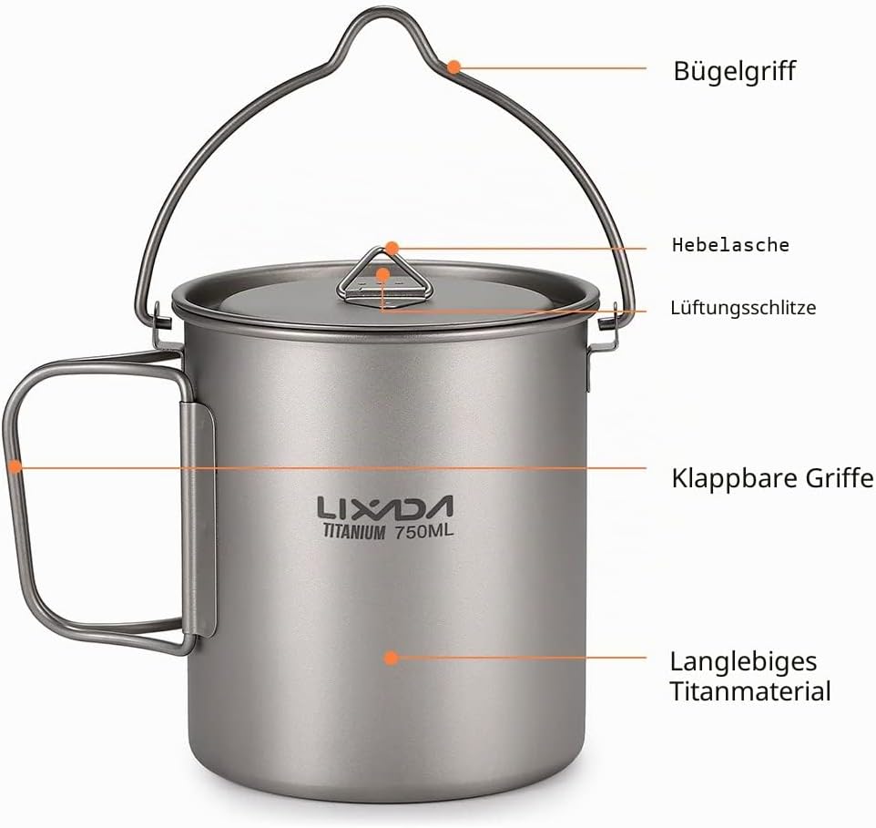 Lixada Titanium Cup Topf, Ultraleicht, tragbar, zum Aufhängen, mit Deckel und Griff, faltbar, für Ca