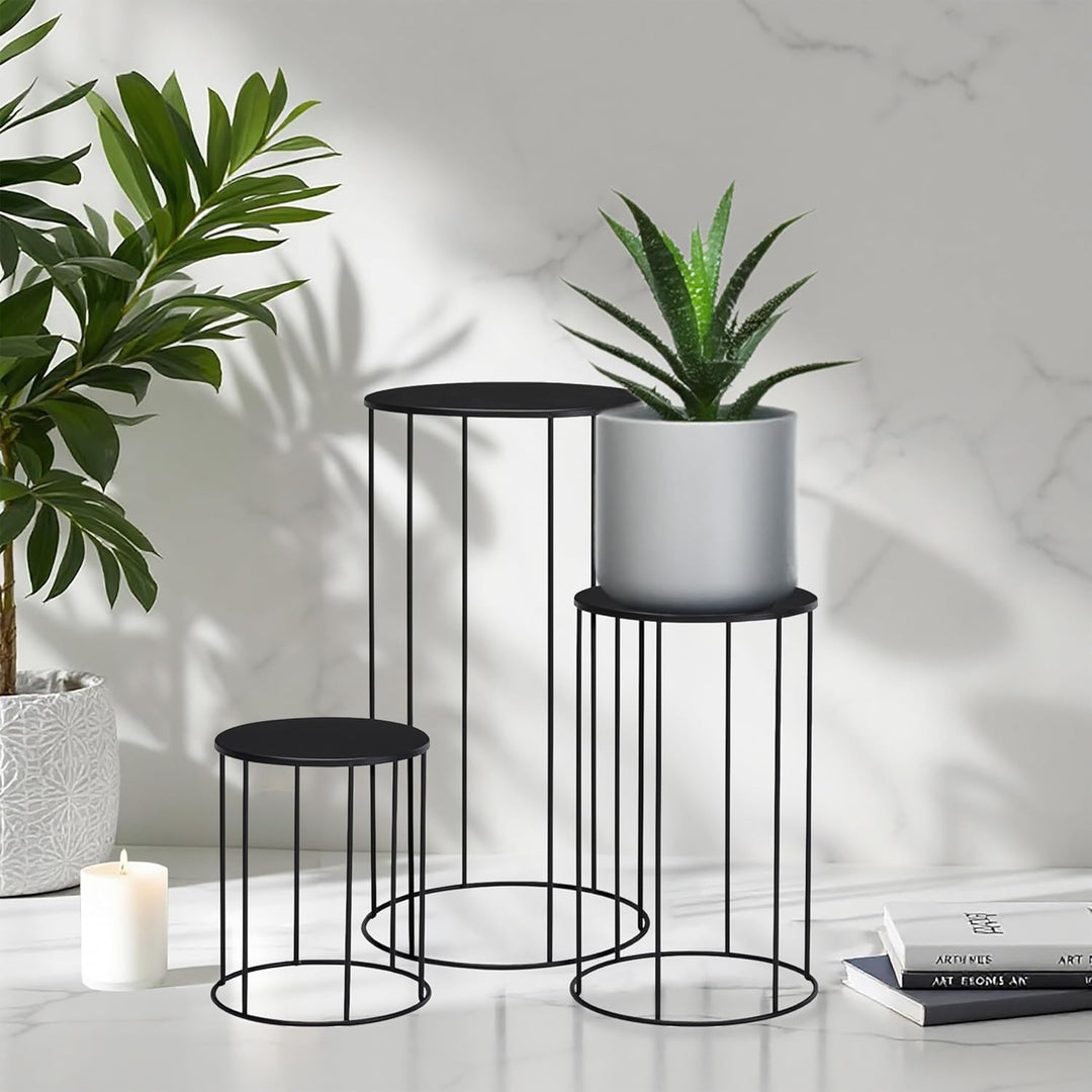 Spetebo Metall Blumenhocker 3er Set rund schwarz - 39, 29 und 19 cm - Industrial Design Pflanzenstän