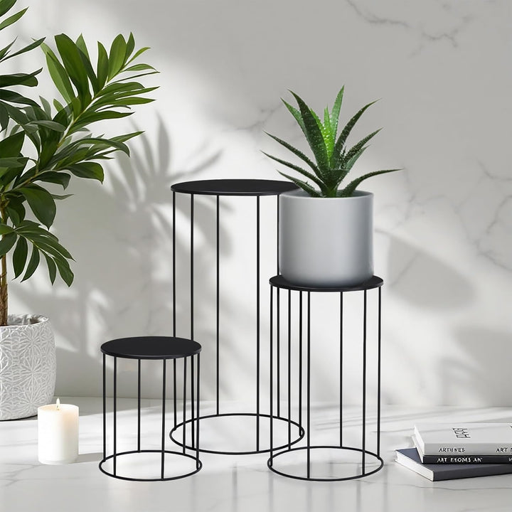 Spetebo Metall Blumenhocker 3er Set rund schwarz - 39, 29 und 19 cm - Industrial Design Pflanzenstän