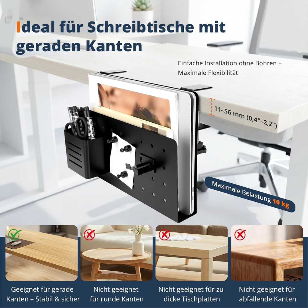 Schreibtisch Organizer Clip-On – Bohrfreie Laptop Halterung für Tischkanten 1–5,6 cm, mit Stifthalte