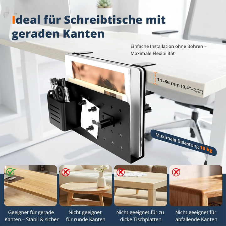 Schreibtisch Organizer Clip-On – Bohrfreie Laptop Halterung für Tischkanten 1–5,6 cm, mit Stifthalte