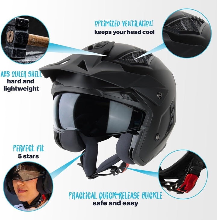 VINZ Kioto Jethelm / Streetfighter Helm | ECE 22.06 zugelassen | Rollerhelm mit Sonnenvisier / Sonne