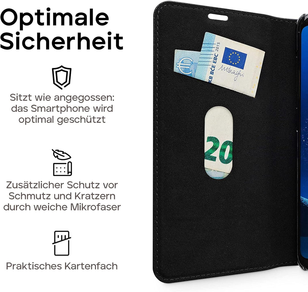 WIIUKA Echt Ledertasche -TRAVEL- für Samsung Galaxy S9 mit Kartenfach, extra Dünn, Tasche Schwarz, L