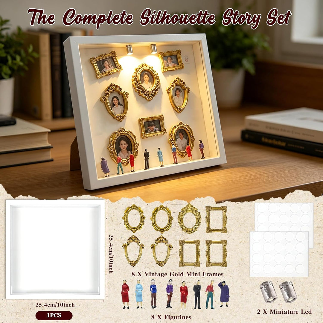 DIY Mini Museum Silhouette Box,Mini Museum Frames mit 8 Mini Goldene Rahmen & 8 Figuren mit Licht,Go