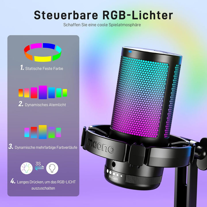 MAONO USB Gaming Mikrofon für PC, Kondensatormikrofon mit RGB-Leuchten für Streaming, Aufnahme, Podc