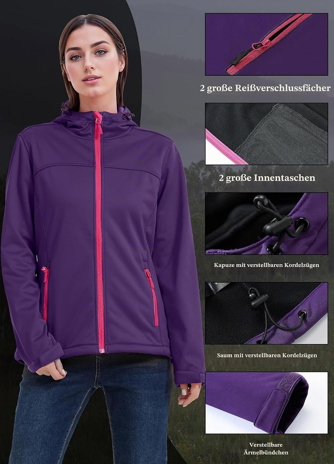 ATLASLAVA Damen Softshelljacke Wasserdichte Atmungsaktive Leichte Fleece Kapuze Übergangsjacke Laufe
