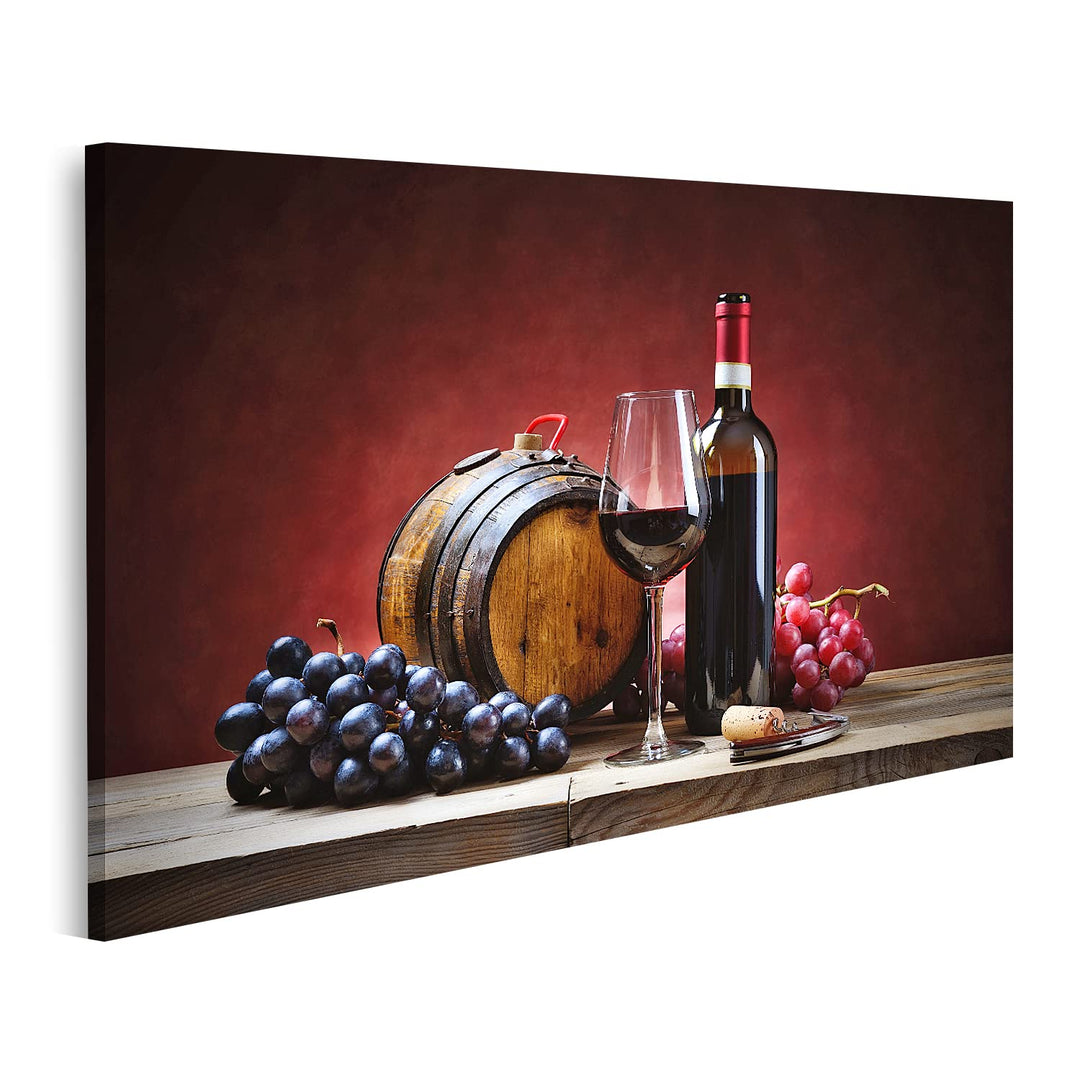 islandburner Bild auf Leinwand Rotwein Glas Trauben Flasche Kleines Fass Bilder Wandbilder Poster Le