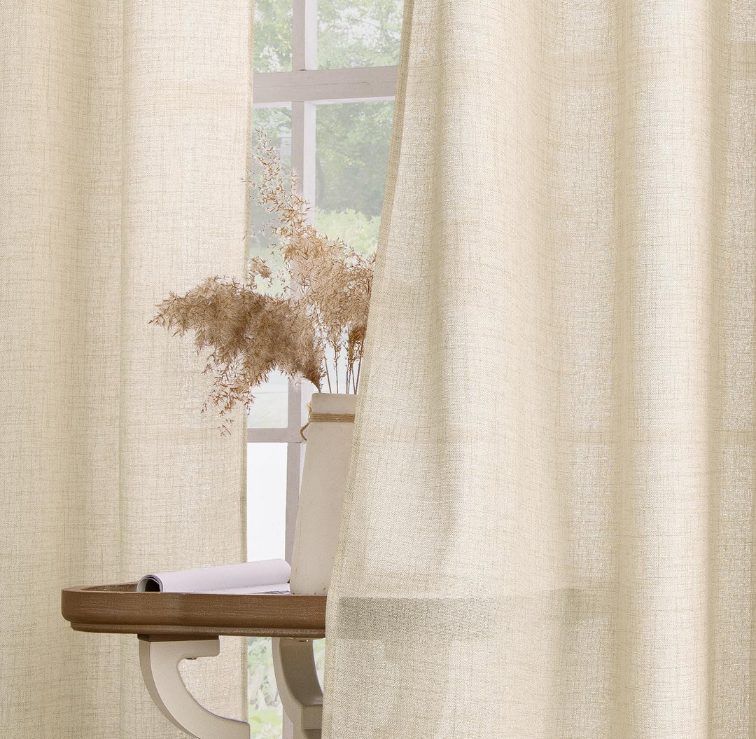 MIULEE Leinen Vorhänge mit Leinen Ringe Effekt Wohnzimmer Modern Semi-transparent Voile Vorhang Natu