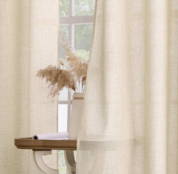 MIULEE Leinen Vorhänge mit Leinen Ringe Effekt Wohnzimmer Modern Semi-transparent Voile Vorhang Natu