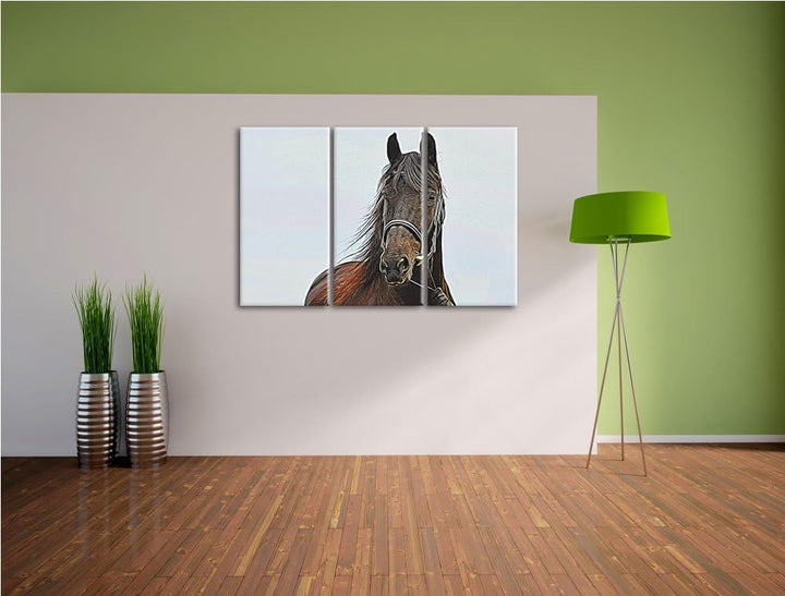 Wilder Hengst 3 Teilig, Gesamtgrösse 120x80 cm auf Leinwand, XXL riesige Bilder fertig gerahmt mit K