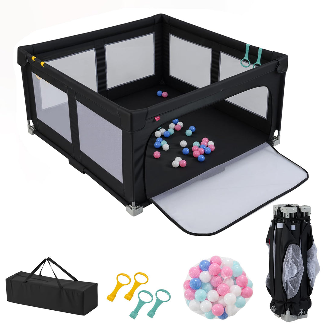 GOPLUS 150 x 150cm Laufstall Babys, Laufgitter faltbar mit 50 bunten Bällen, 4 Griffen &amp; Tragetasche