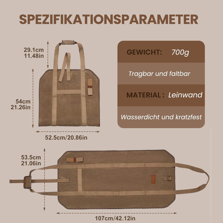 Camping Feuerholz Tragetasche - Tragbares Schwerlast Haltertragtasche aus Gewachstem Canvas, Faltbar