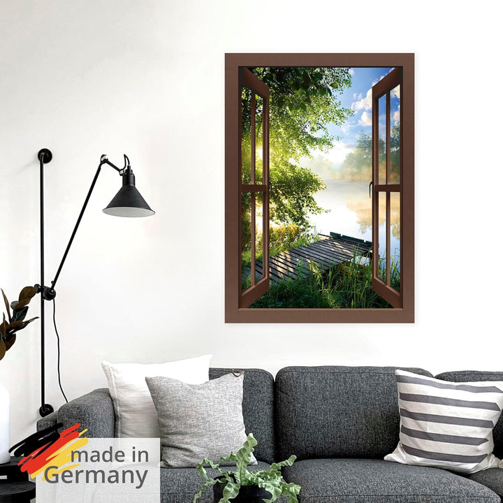 ARTland Wandbild selbstklebend Vinylfolie 70x100 cm Fensterblick Fenster Landschaft Wald Natur See A