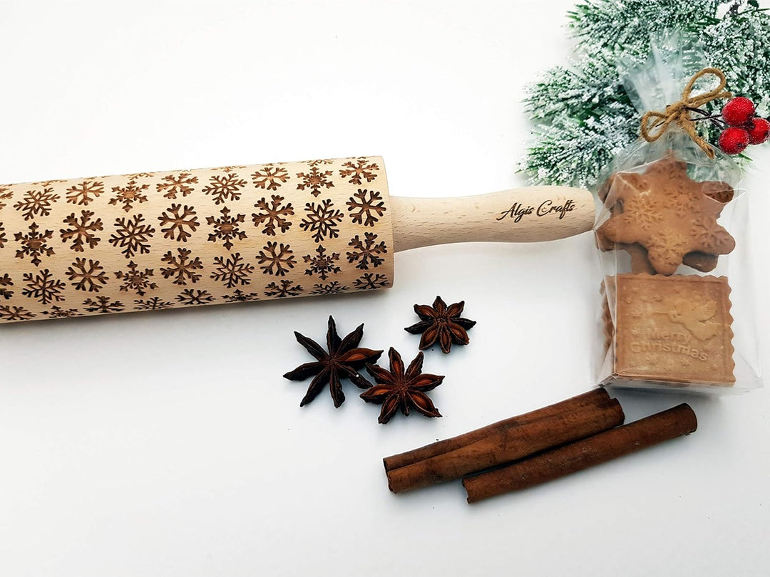 SCHNEEFLOCKE Nudelholz mit Muster Weihnachten Backen - Teigroller Holz für DIY Weihnachten Plätzchen