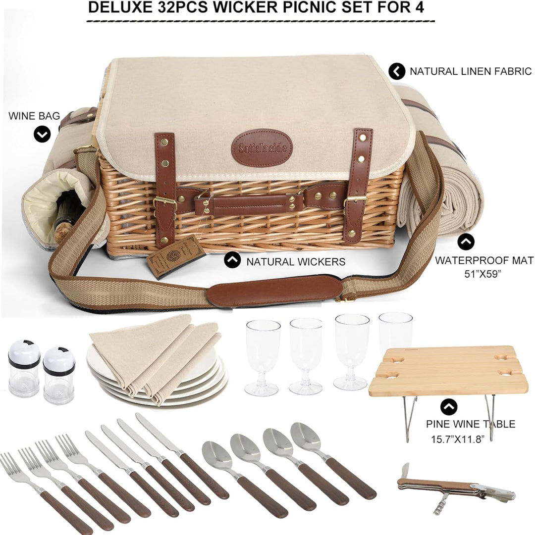 Multifunktionales Picknickkorb-Set aus Weidengeflecht für 4 Personen mit Decke und Picknicktisch, is