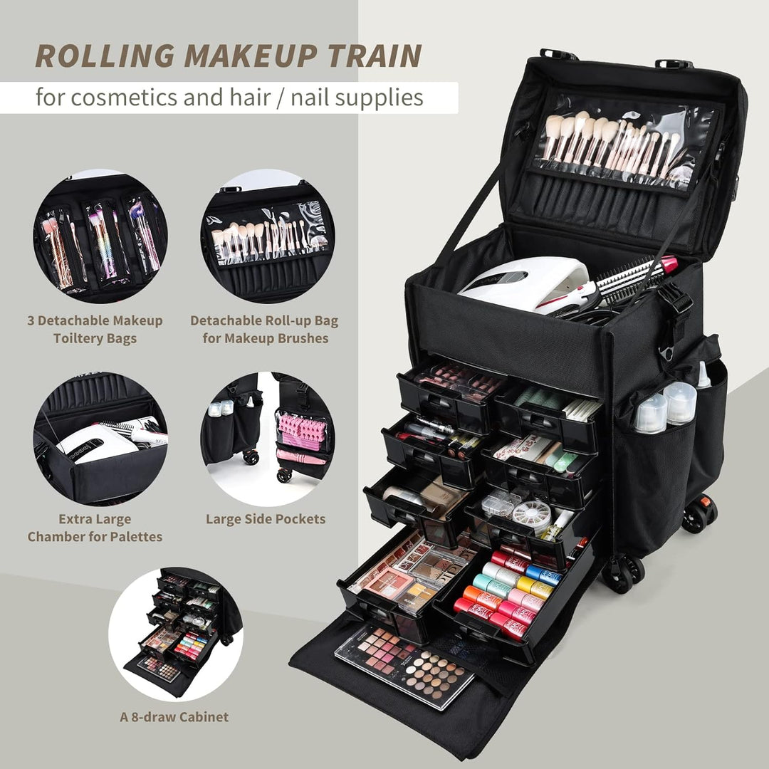 Kosmetik Trolley mit 8 Schubladen Kosmetikkoffer Make up Koffer Professioneller Friseurkoffer 2 in 1