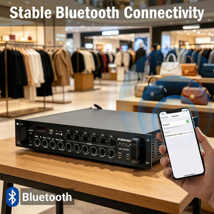 STUDIOFINIX Gewerblicher Bluetooth-Verstärker 650W 6 Zonen 70V, 2U Rack-Einbau, 3 Mikrofoneingänge m