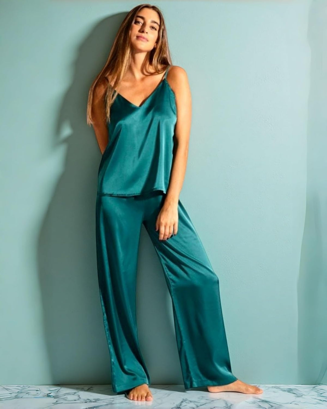 Laura in - Damen-Kleidungsset Satin-Seidenpyjama für Damen 2-teilig einfarbig Satin-Schlafanzug Top-