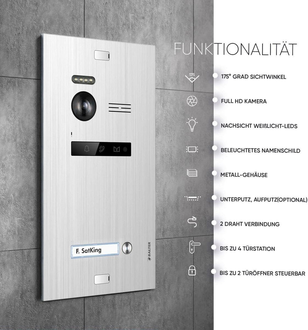 Nonic Balter EVO HD Silber/Schwarz Video Türsprechanlage Set für 1 Familienhaus (1x Türstation mit F