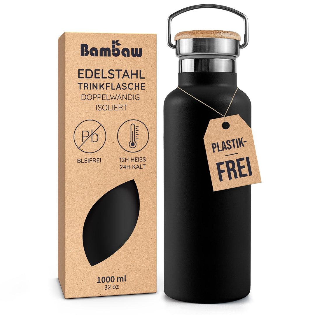 Bambaw Trinkflasche Edelstahl 1l, Isolierte Trinkflasche, Thermosflasche 1l Edelstahl, Doppelwandig