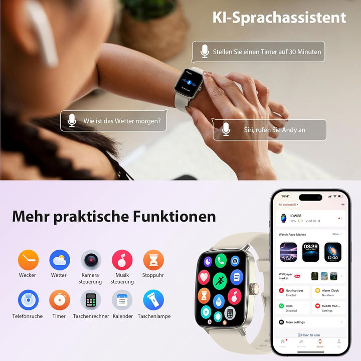 Smartwatch Damen, 1.85" Smart Watch mit Telefonfunktion, Fitnessuhr Damen mit Pulsuhr Schlafmonitor