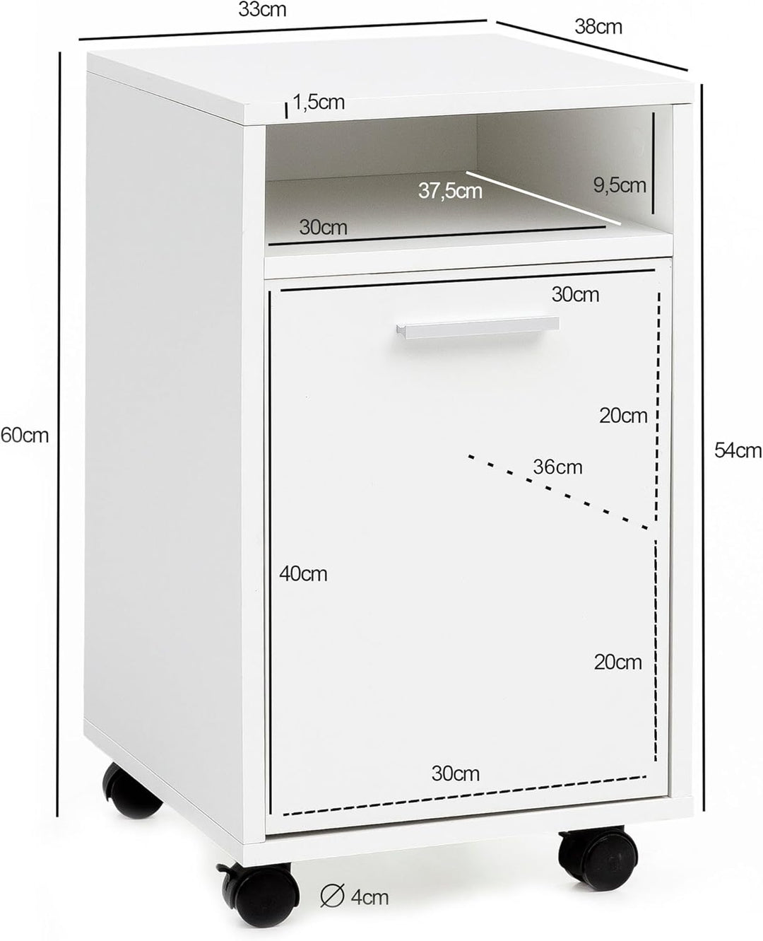 Wohnling Rollcontainer Weiss 33x60x38cm Schubladenschrank, Schreibtisch-Container mit Tür & Ablage,