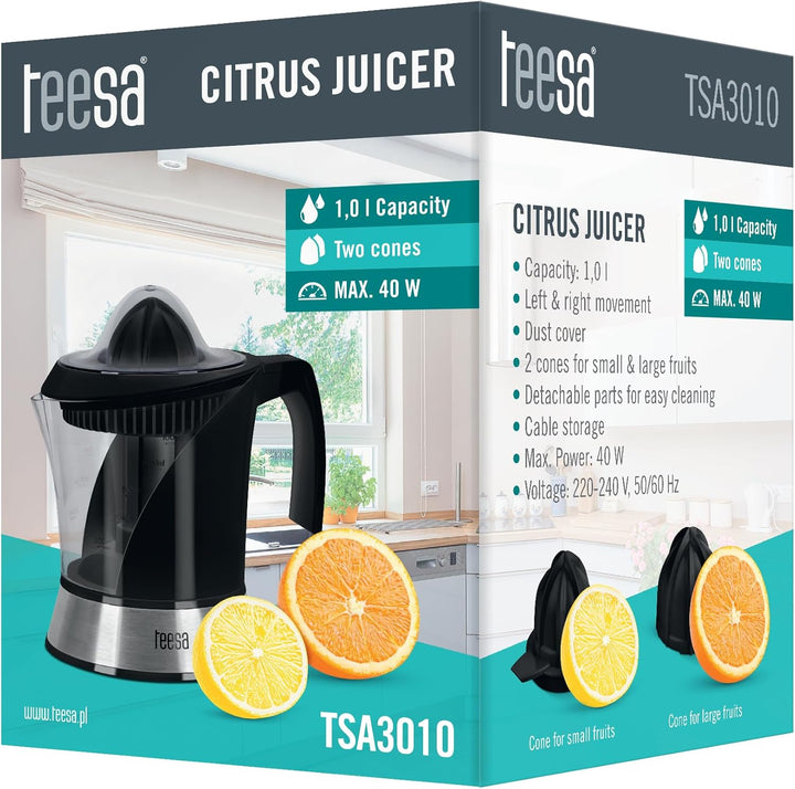 Teesa TSA3010 Zitruspresse Saftpresse mit 2 Entsafterkegeln 1,0 l Elektrisch 40W