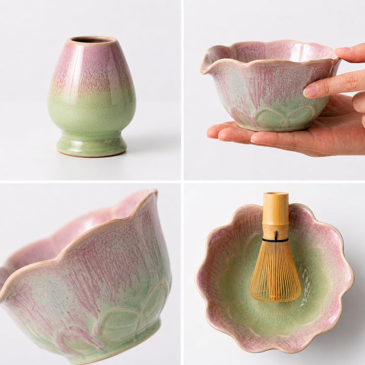 Matcha Set 5-teilig, Matcha Schale mit Ausgiesser in Blumenform Grün Rosa, Chasen, Bambusbesen, Chas