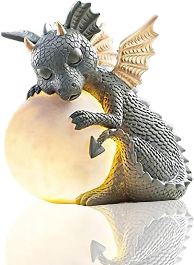 Dekofigur Drache mit Rundes Licht, Drachen Figuren Gartendeko für Draussen, Deko Drache Gartendrache