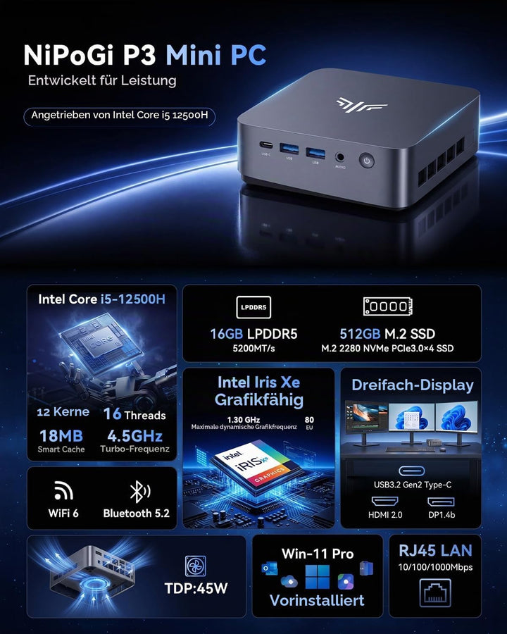 NiPoGi CK10 Mini PC Ιntel Core i5-12450H(8C/12T, bis zu 4,40 GHz), 16GB DDR4 512GB M.2 NVMe SSD Mini