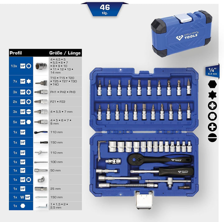 BRILLIANT TOOLS BT020046 1/4" Steckschlüssel-Satz, 46-tlg [Powered by KS TOOLS] 46-tlg., 46-tlg.