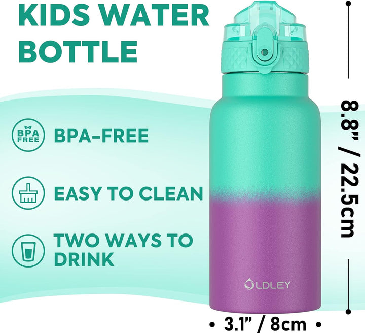 OLDLEY 500ml Kinder Edelstahl Wasserflasche mit Stroh für Schule mit 2 verschiedenen Deckeln, Metall