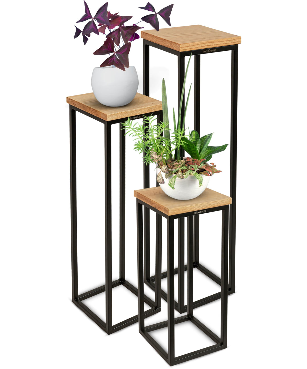 holz4home® Dekoständer-Set 3-tlg. in schwarz aus Massivholz Eiche I Natur Geölt I Höhen: 50/70/90 cm