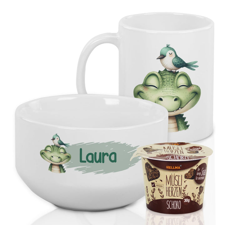 GRAZDesign Frühstückset Tasse mit Müslischale personalisiert für Kinder Krokodil Motiv aus Keramik -
