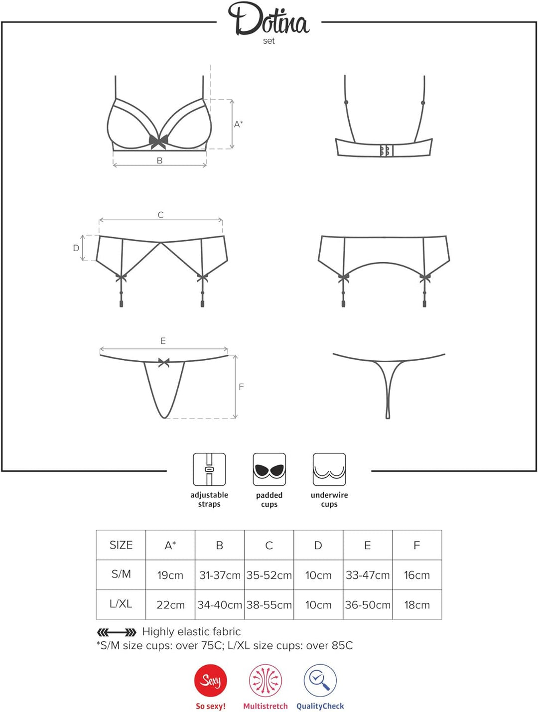 Obsessive Damen Dessous-Set mit BH, Strapsgürtel und sexy Slip in Geschenk-Box, Schwarz-gepunktet, S