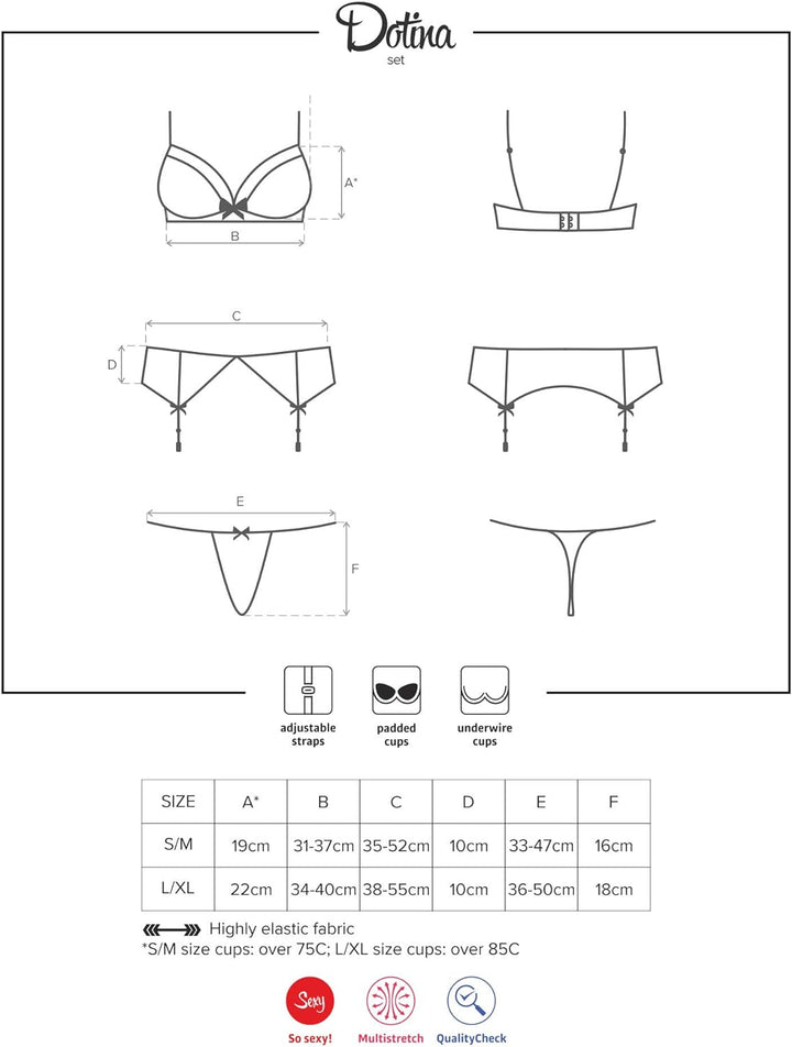 Obsessive Damen Dessous-Set mit BH, Strapsgürtel und sexy Slip in Geschenk-Box, Schwarz-gepunktet, S