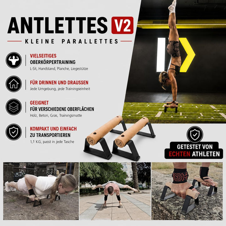 Calisthenics Parallettes aus Holz – Parallettes mit rutschfester Basis aus Stahl | Push Up Bars für
