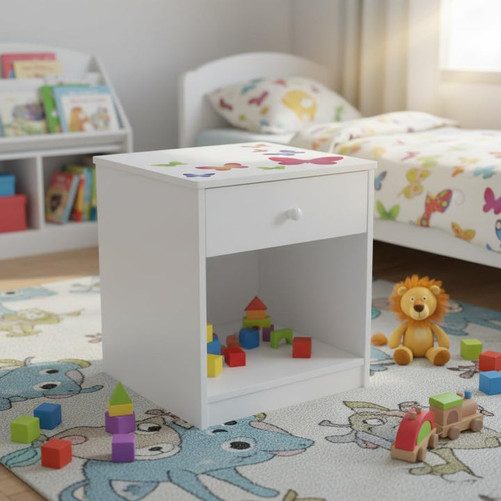 Leomark Nachttisch aus Holz - Schmetterlinge - Nachtschränkchen mit Schublade, Nachtschrank für Kind