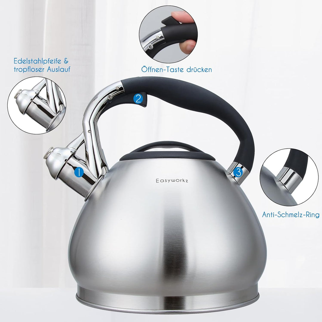 Easyworkz Wasserkessel Induktion Pfeifkessel aus Edelstahl, 2,3 l Teekessel für alle Kochplatten, Fl