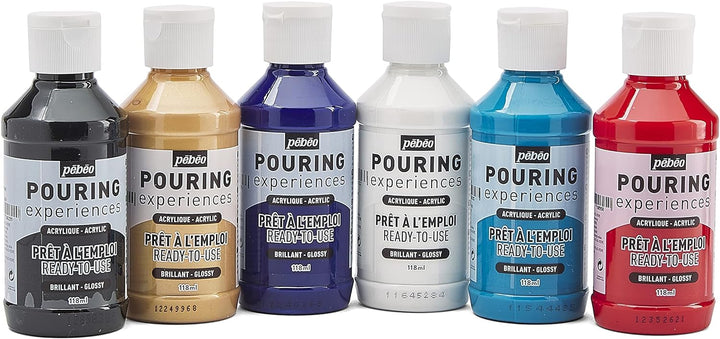 Pébéo 524601 Acryl Pouring Entdecken-Set mit 6 x 118 ml Bereits Gemischten Acrylfarben, Sofort-Kit o