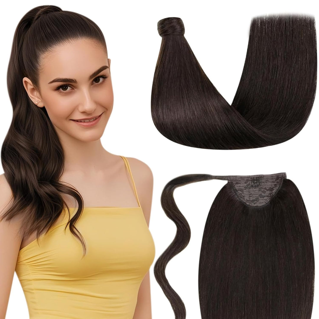 LaaVoo Zopf Extensions Echthaar Braun Extensions Pferdeschwanz Haarteil Echthaar Dunkelbraun Haarver