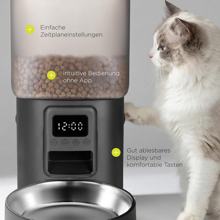 Crispy Futterautomat Katze mit Timer, ohne App, Katzenfutterautomat für Trockenfutter, LCD Display,