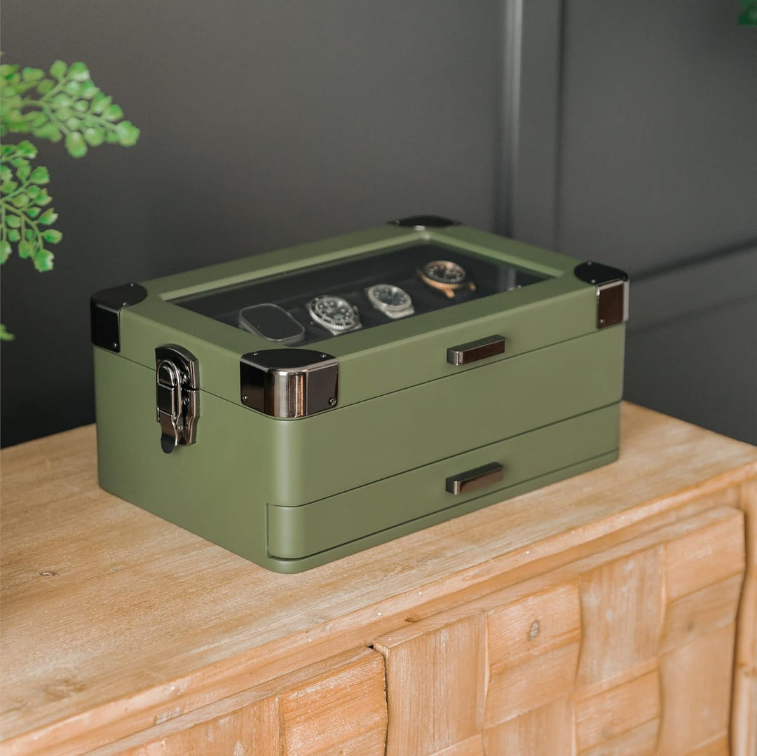 CASE ELEGANCE Militäruhrenbox mit 10 Fächern für Herren, Echtglasplatte, modulares Valet-Tablett, Ap
