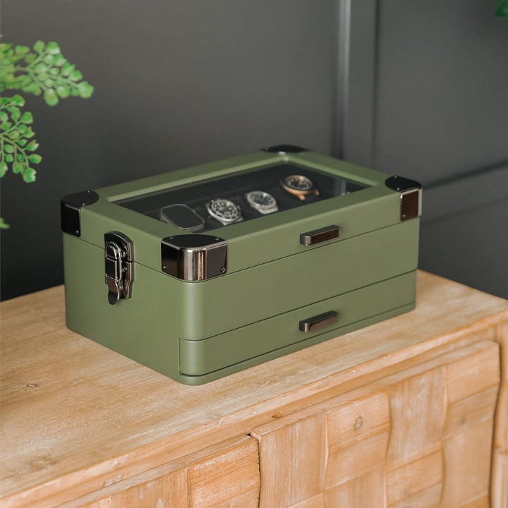 CASE ELEGANCE Militäruhrenbox mit 10 Fächern für Herren, Echtglasplatte, modulares Valet-Tablett, Ap