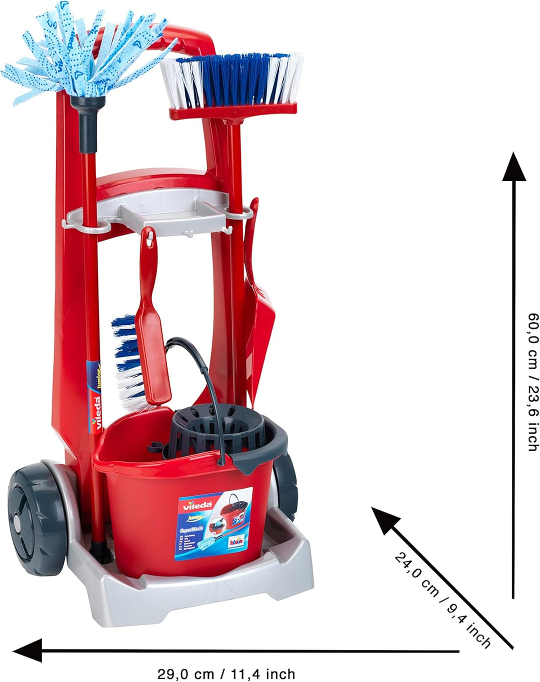 Theo Klein 6741 Vileda Besenwagen | Mit Wischmop, Eimer, Besen und vielem mehr | Vileda-Design | Mas