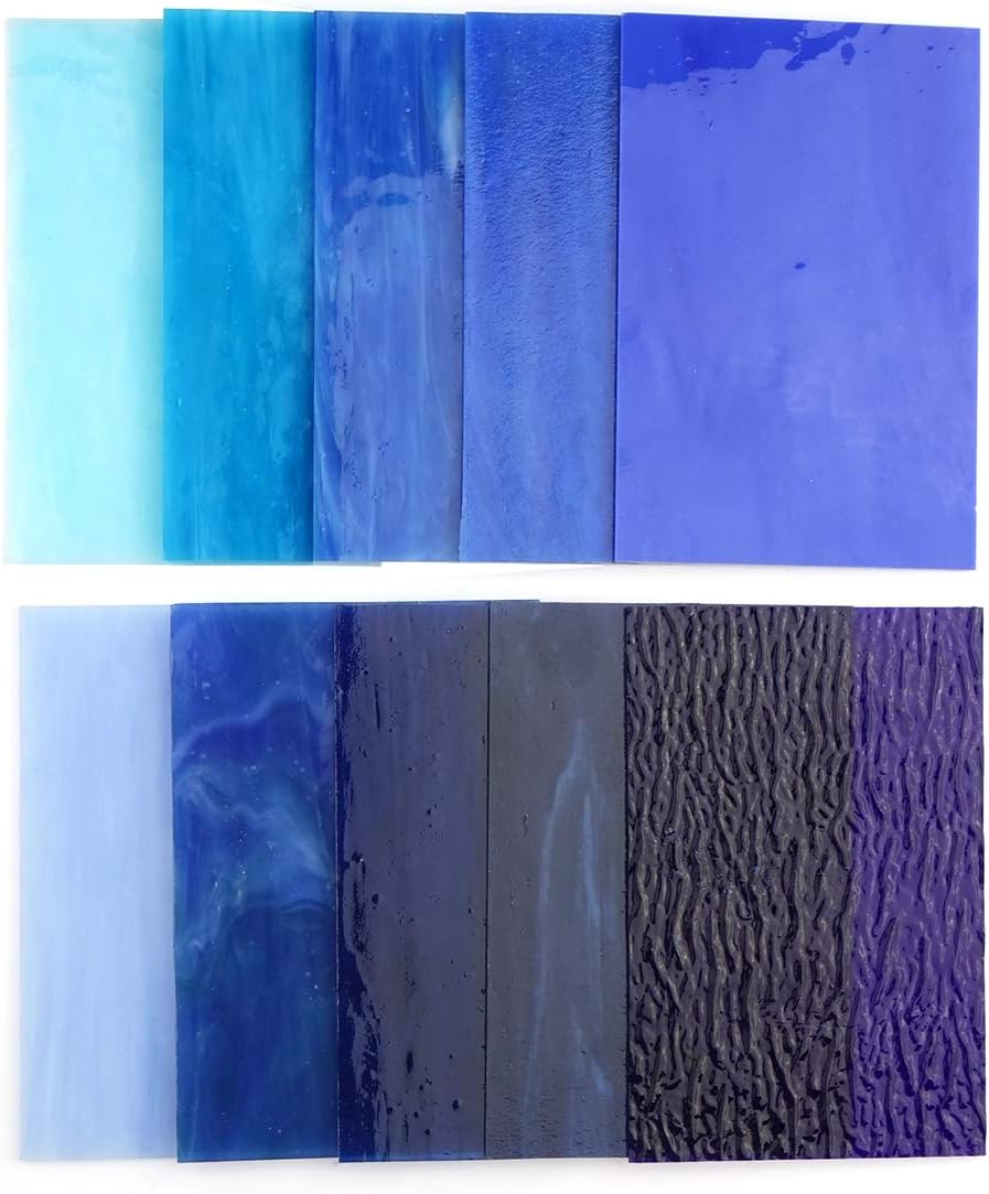 Lanyani, 10 Bögen aus Buntglas, 10 x 15 cm, Opal, Tiffany-Glas, verschiedene Texturen Blau Mix - 10