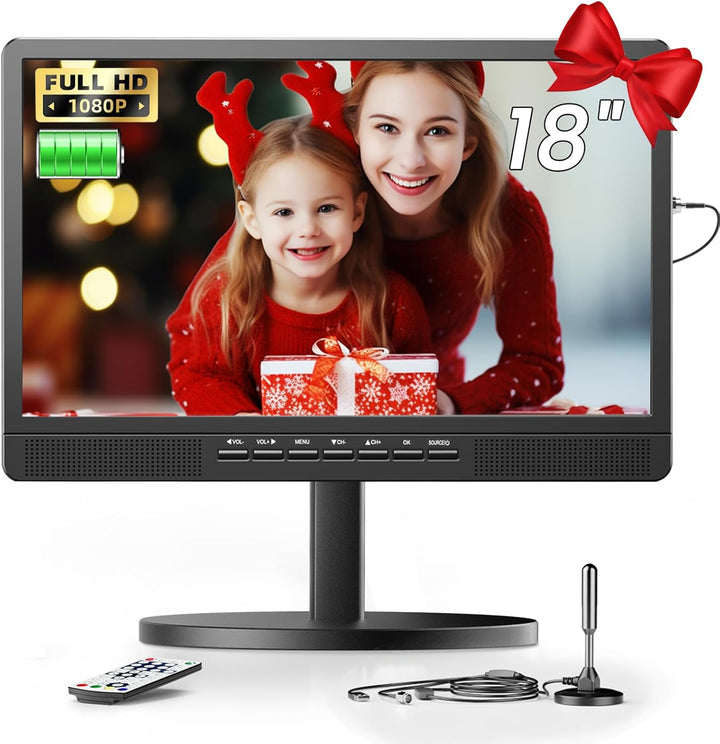 DESOBRY 18" Kleiner Fernseher mit Antenne, tragbarer Fernseher mit Freeview DVB/T2 Tuner, 6000mAh Ak