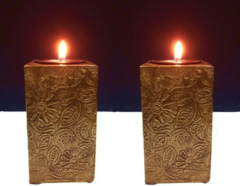 Purpledip Wooden T Light Candle Holders with Brass Sheet Cover (Set of 2) Golden, Indian Souvenir, D