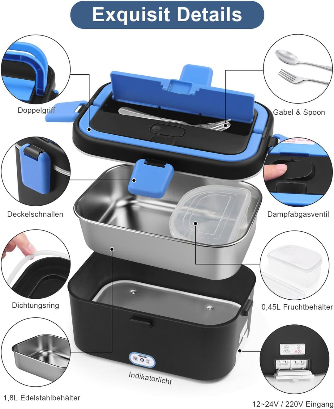 AUTOPkio Elektrische Lunchbox 1,8L 80W, Grosser Beheizbare Speisenwärmer für Auto LKW Büro 12V/24V/2