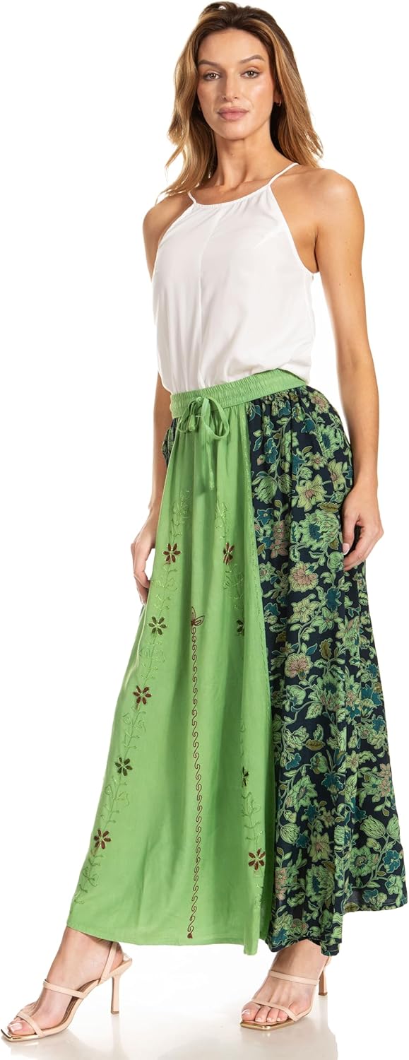 Sakkas Maran Frauen Boho Stickerei Rock mit elastischer Taille und Taschen Einheitsgrösse Salbeigrün